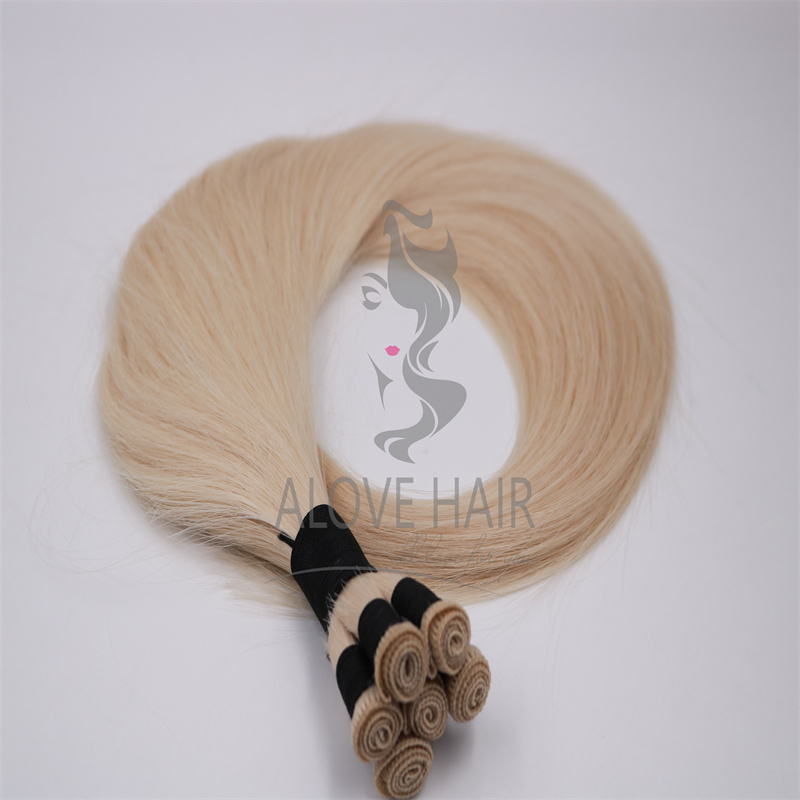 Thin knot blonde color hand tied weft extensions for extension training